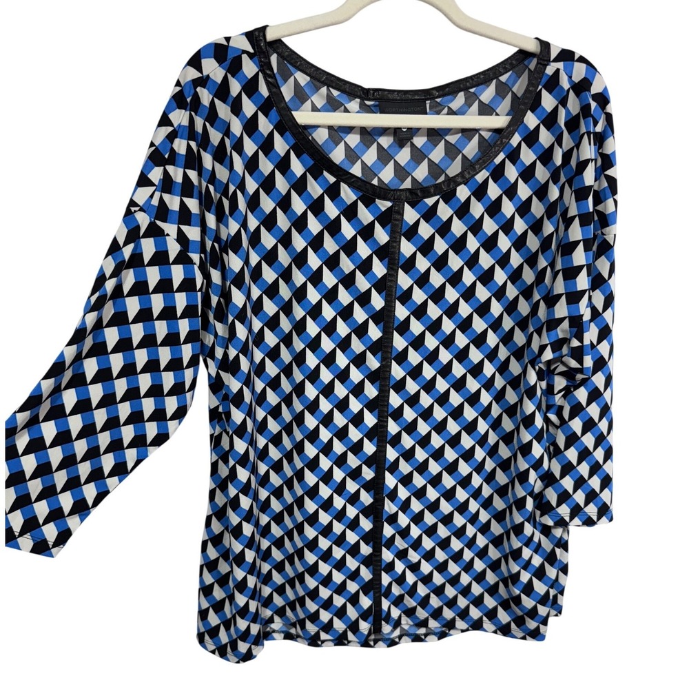 Worthington 2X Blue Geometric Top Women's Faux Leather Trim 3/4 Sleeve